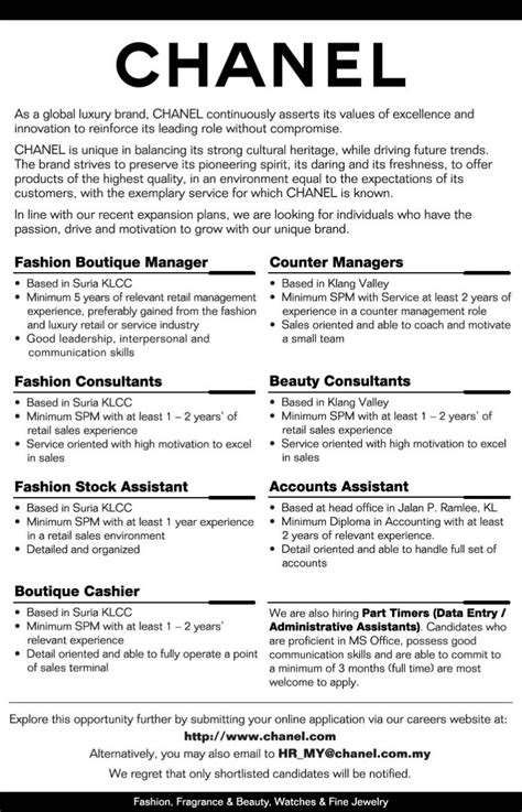 chanel boutique boston careers|Chanel job description.